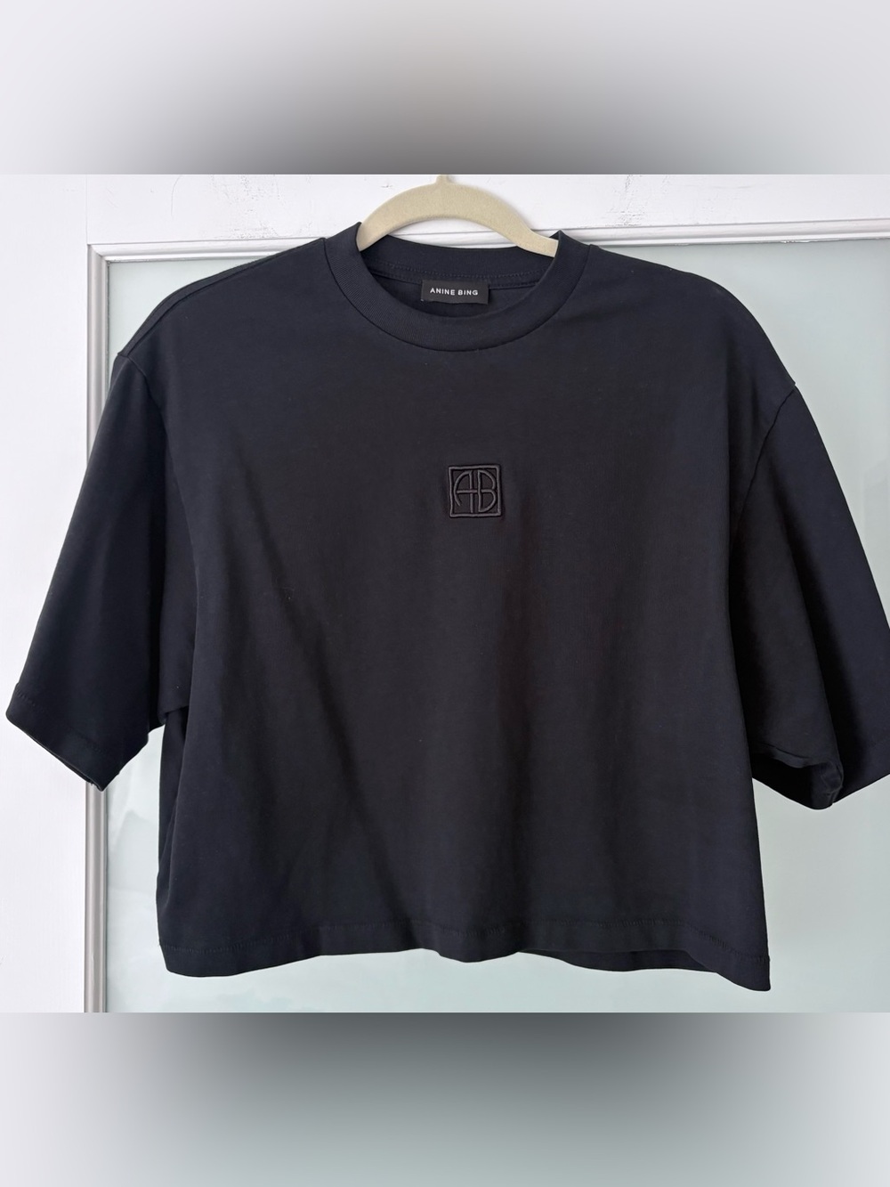 ANINE BING Black Monogram Crop Tee Oversized Boxy T-Shirt Minimalist Luxury